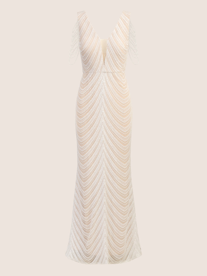 APART langes Hochzeitskleid, allover mit kleinen Pailletten bestickt | creme-nude