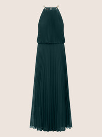 APART langes Plisseekleid im Neckholder Stil aus Chiffon | emerald