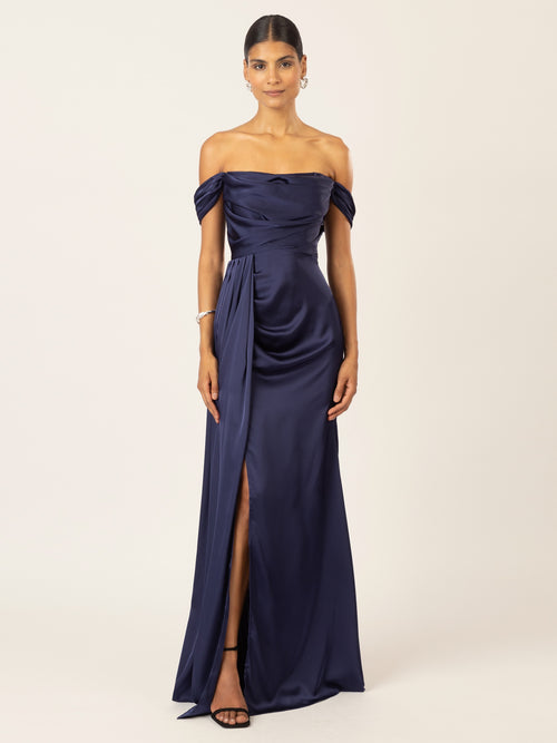 APART Langes Satin Kleid mit verstellbaren Spaghettiträgern | navy image 1