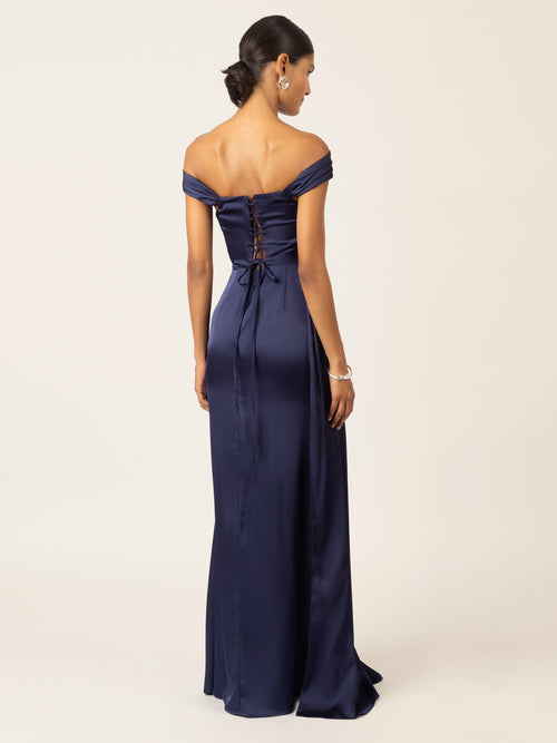 APART Langes Satin Kleid mit verstellbaren Spaghettiträgern | navy image 1