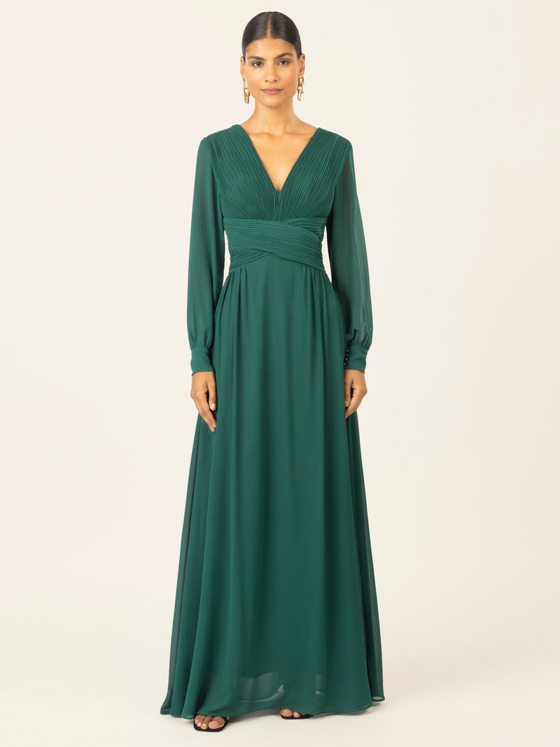 APART Langes Chiffon Kleid mit Plisseefalten | dunkelgrün