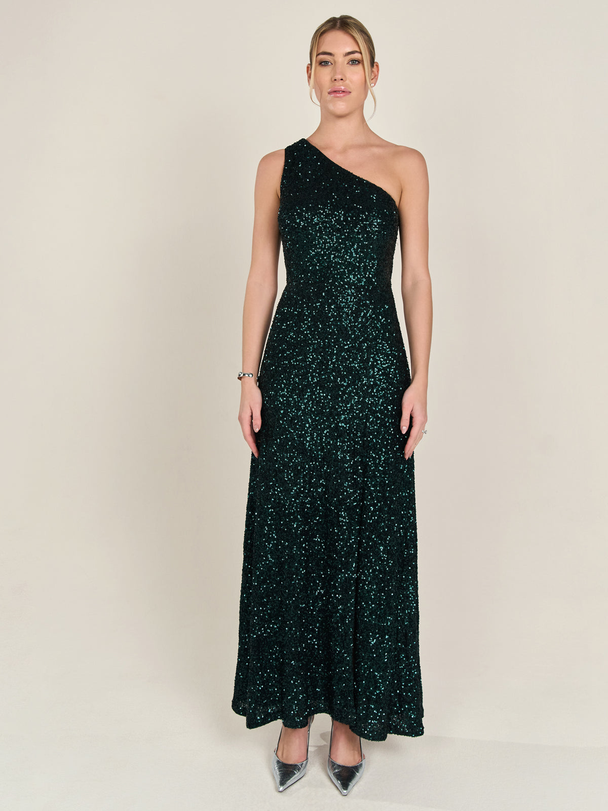 APART One-Shoulder Abendkleid mit unterschiedlich großen Pailletten bestickt | emerald