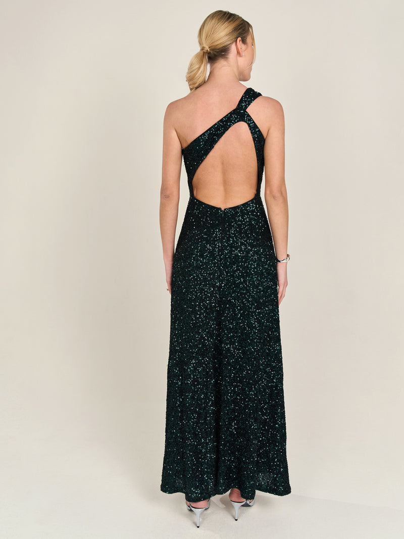 APART One-Shoulder Abendkleid mit unterschiedlich großen Pailletten bestickt | emerald