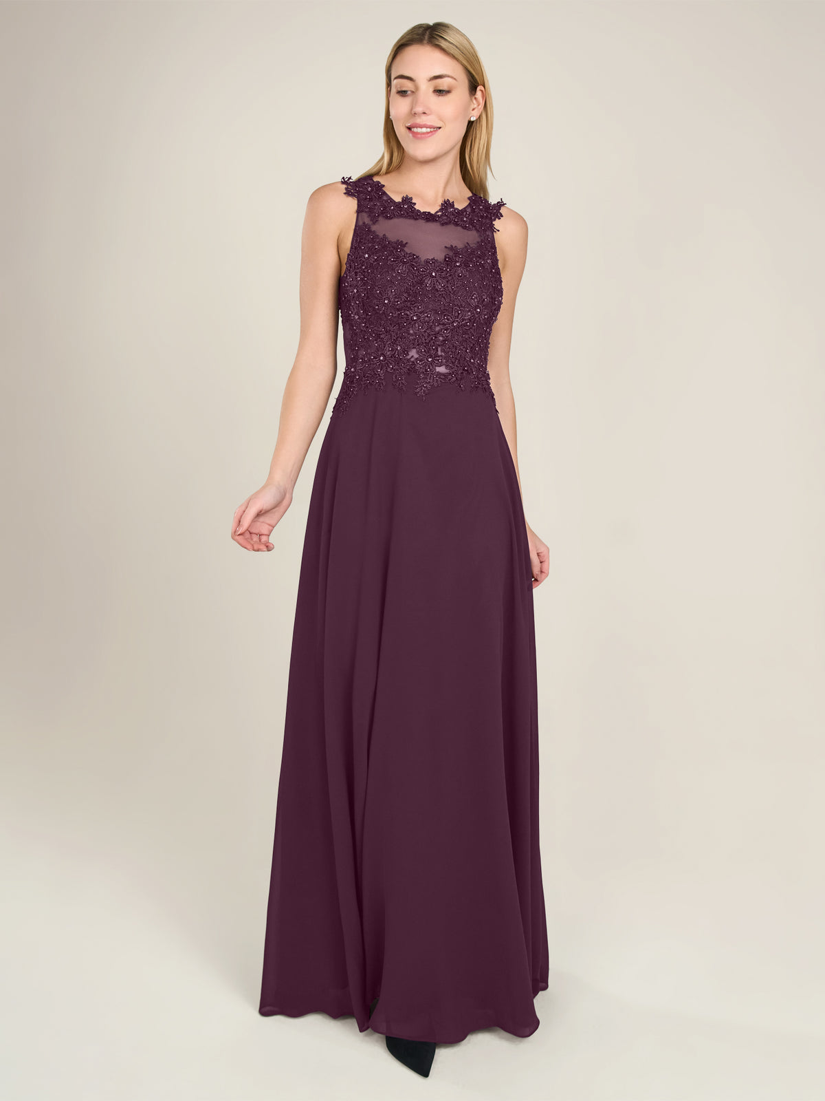 APART Abendkleid im Materialmix aus bestickter Spitze und Chiffon | pflaume