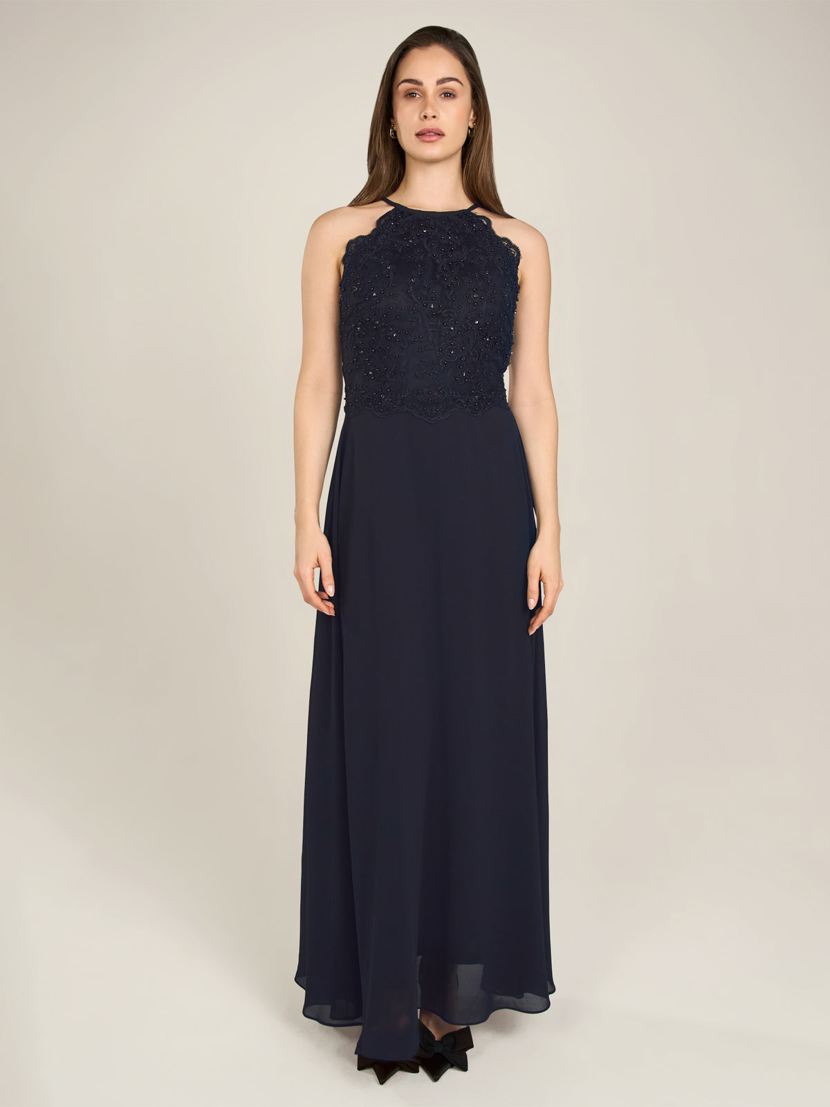 APART Abendkleid aus besticktem Mesh mit farbigen Perlen und Chiffon | nachtblau