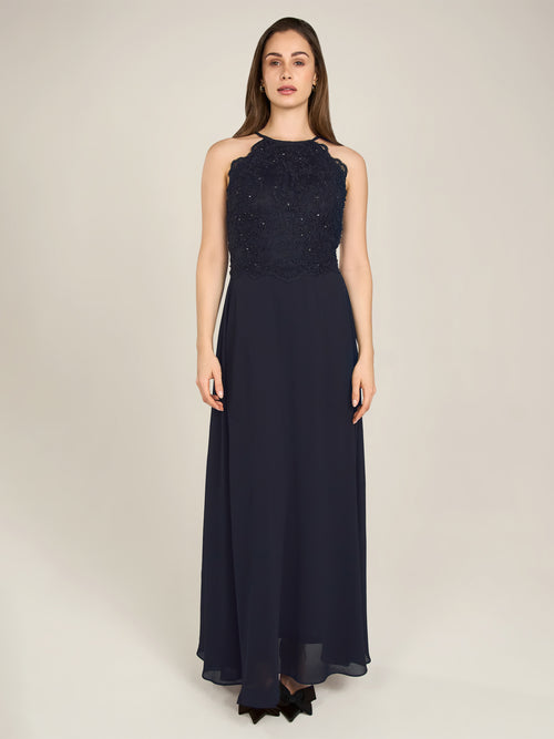 APART Abendkleid aus besticktem Mesh mit farbigen Perlen und Chiffon | nachtblau image 1