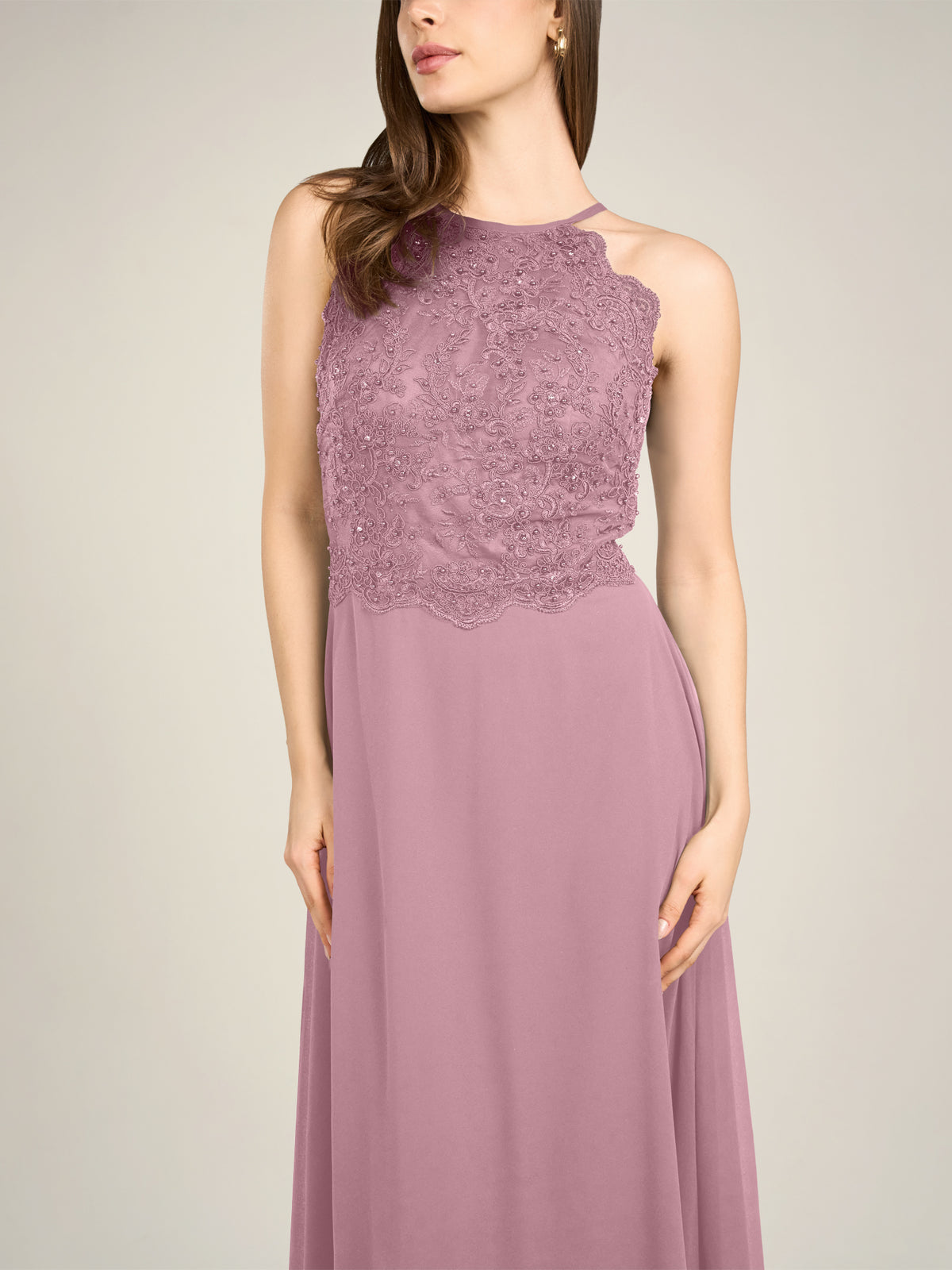 APART Abendkleid aus besticktem Mesh mit farbigen Perlen und Chiffon | mauve