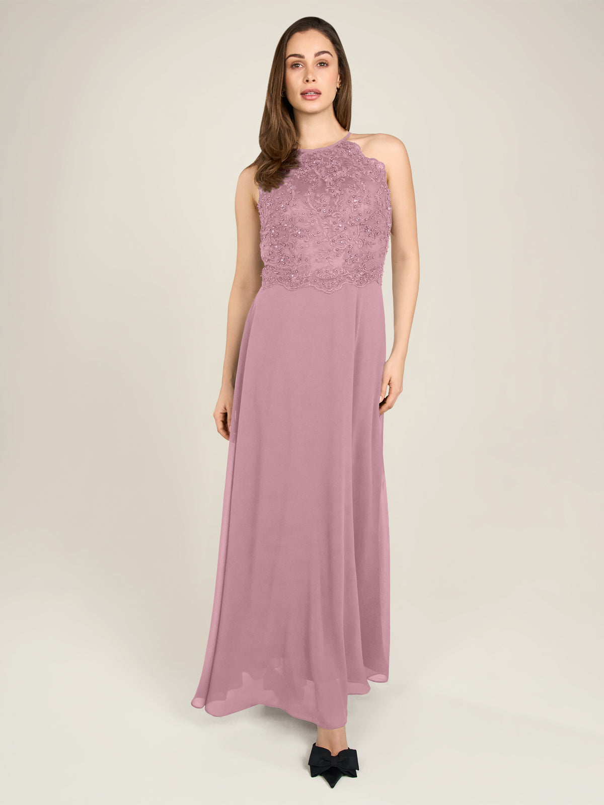 APART Abendkleid aus besticktem Mesh mit farbigen Perlen und Chiffon | mauve